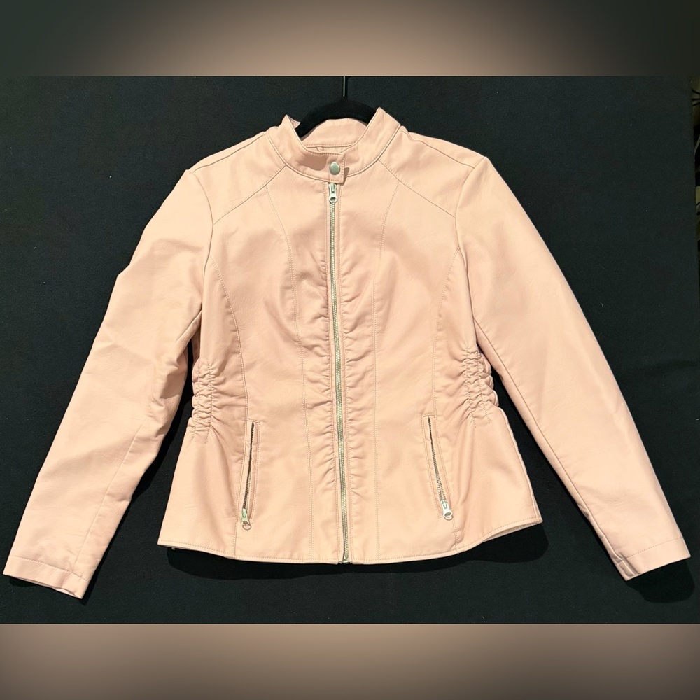 Baccini Faux Leather Blush Jacket Side Gathering Pockets Moto Style Size Medium